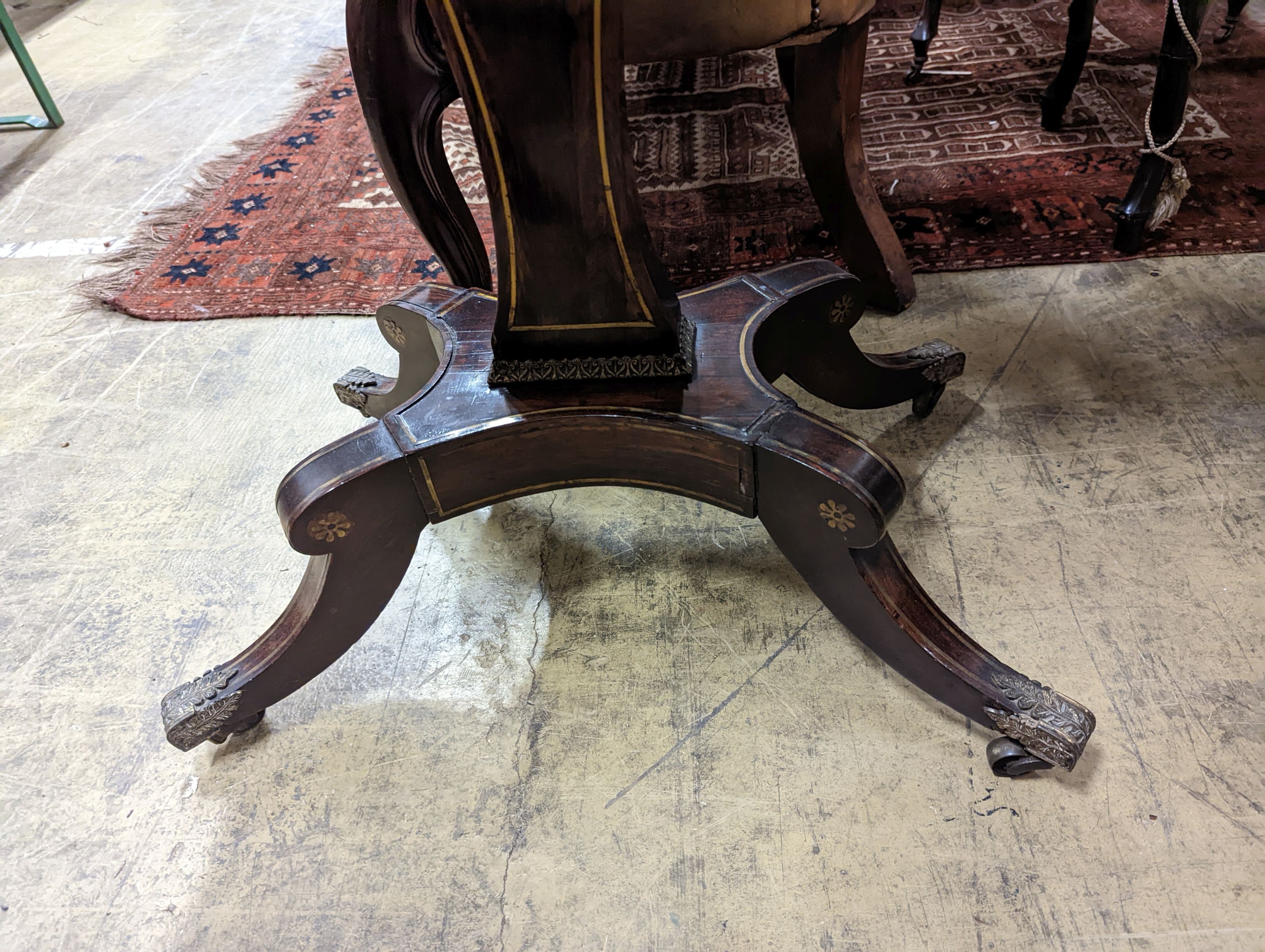 A Regency brass inlaid rosewood rectangular folding card table, width 91cm, depth 46cm, height 76cm